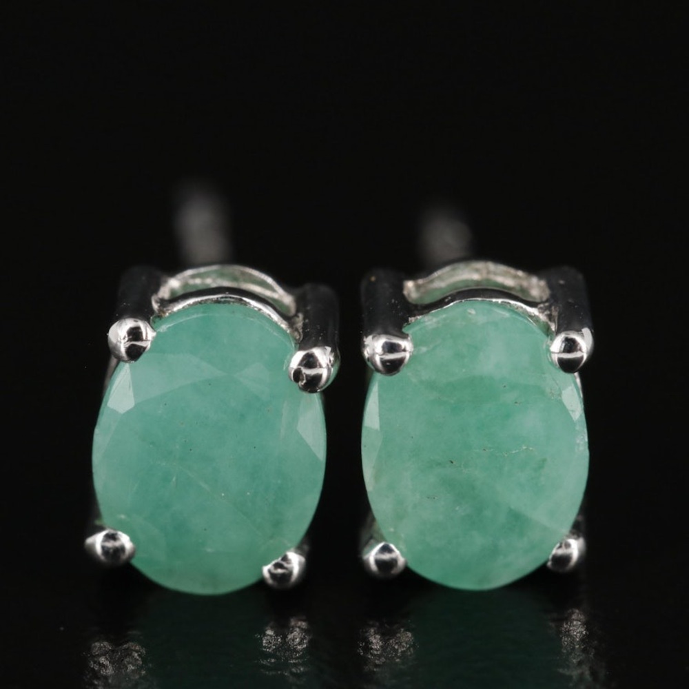 Vintage Sterling Silver Emerald Oval Stud Earrings Old Money Aesthetic